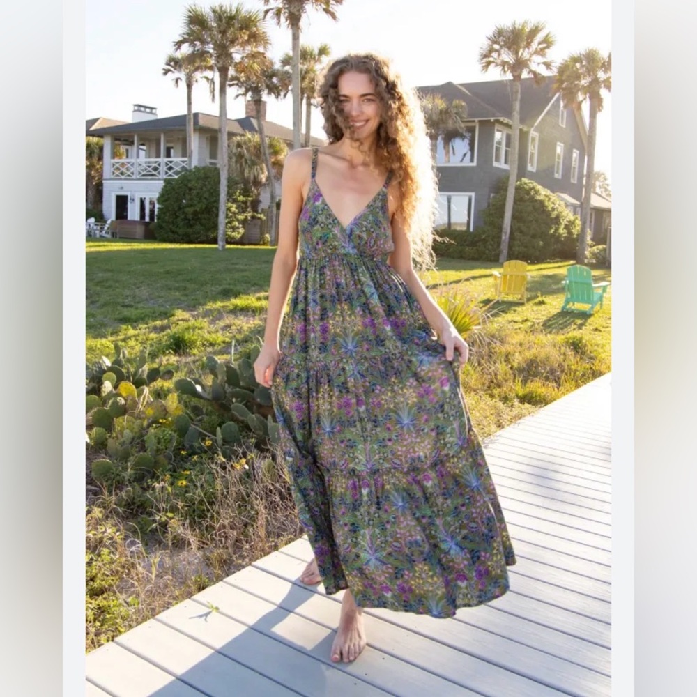 Natural life, Ella, green, blue, purple, yellow floral, sleeveless maxi dress S